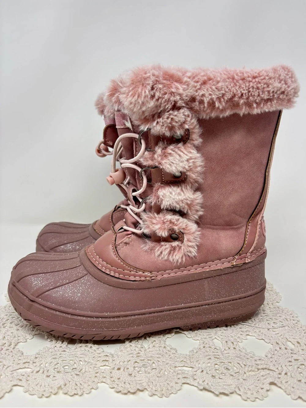 London Fog Duck Boots Barnet Mauve Pink Glittery Snow Faux Fur Bungee Lace Kid 4